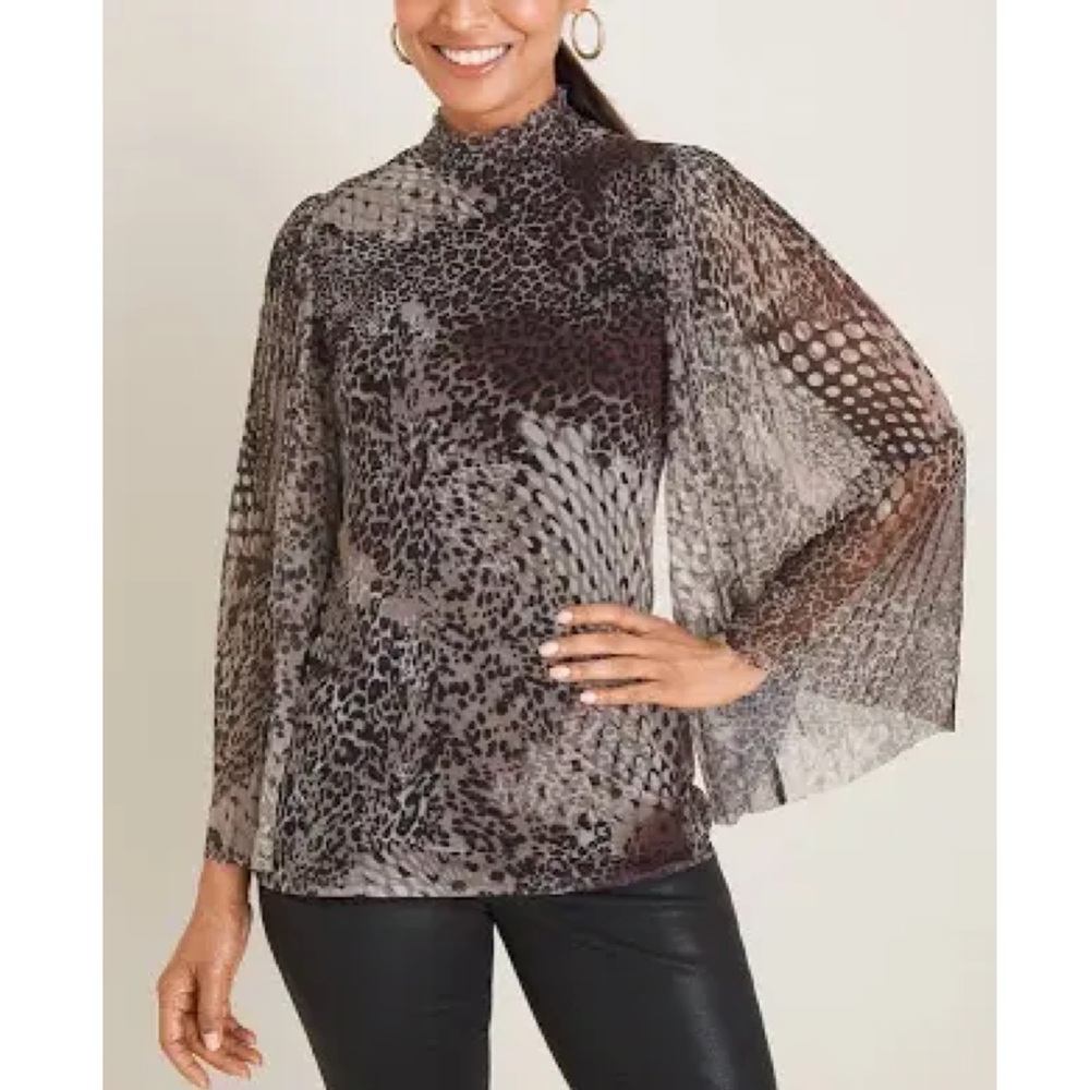 Chico's Size XL Cheetah & Snake Print Mesh Blouse Sheer Bell Sleeves Casual